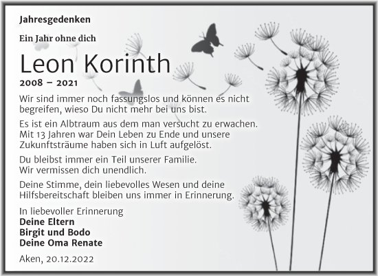 Traueranzeige von Leon Korinth von Mitteldeutsche Zeitung Köthen