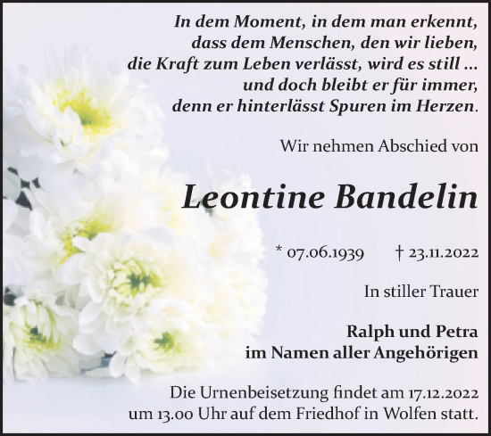 Traueranzeige von Leontine Bandelin von Trauerkombi Bitterfeld