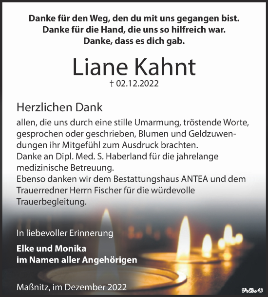 Traueranzeige von Liane Kahnt von Trauerkombi Zeitz