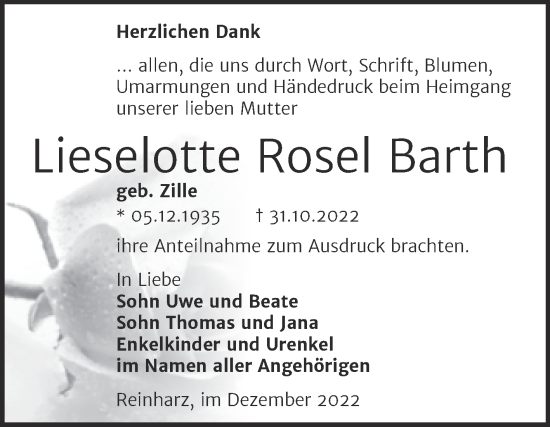 Traueranzeige von Lieselotte Rosel Barth von Trauerkombi Wittenberg