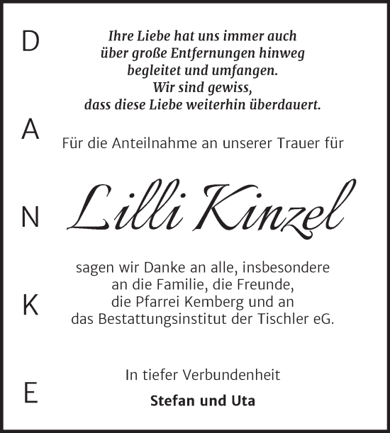 Traueranzeige von Lilli Kinzel von Trauerkombi Wittenberg