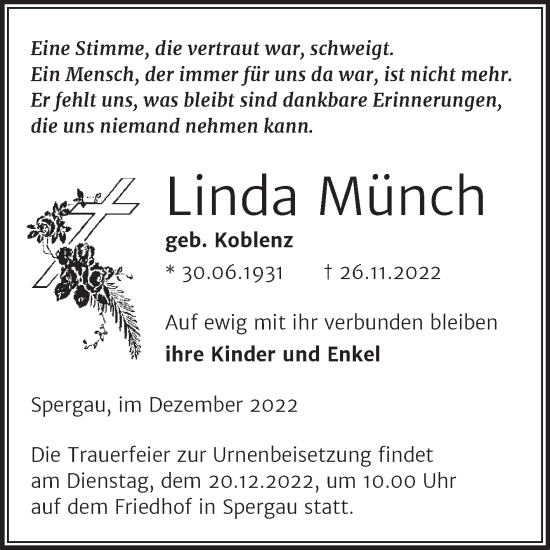 Traueranzeige von Linda Münch von Trauerkombi Merseburg