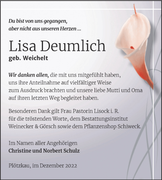 Traueranzeige von Lisa Deumlich von Trauerkombi Bernburg