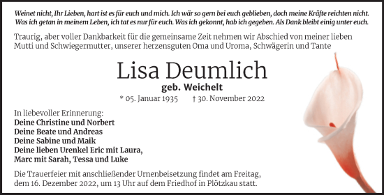 Traueranzeige von Lisa Deumlich von Trauerkombi Bernburg