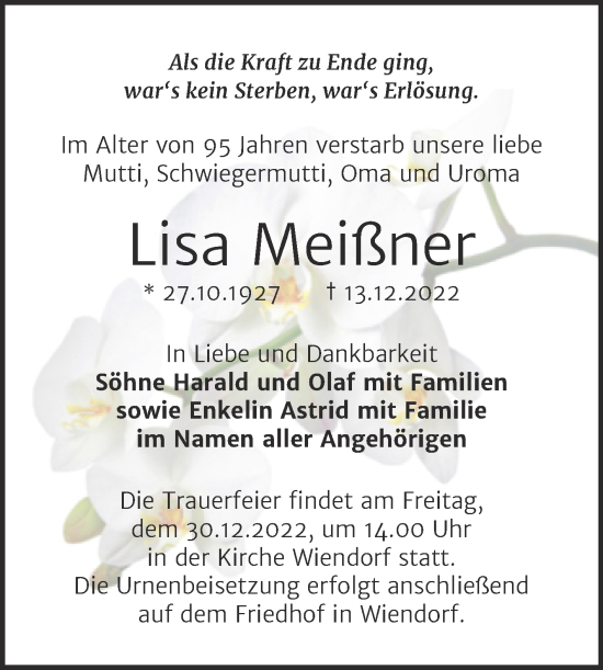 Traueranzeige von Lisa Meißner von Trauerkombi Bernburg