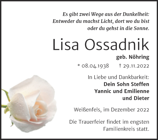 Traueranzeige von Lisa Ossadnik von Trauerkombi Weißenfels