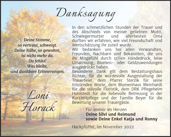 Traueranzeige von Loni Horack von Trauerkombi Sangerhausen