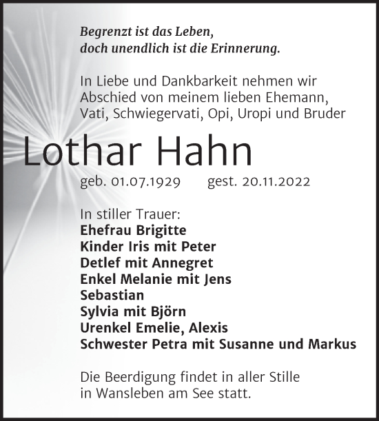 Traueranzeige von Lothar Hahn von Mitteldeutsche Zeitung Halle/Saalkreis