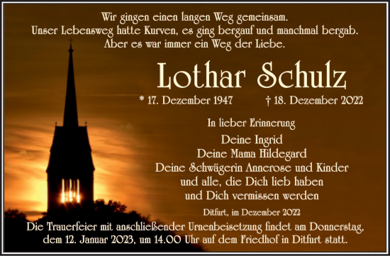 Traueranzeige von Lothar Schulz von Trauerkombi Quedlinburg