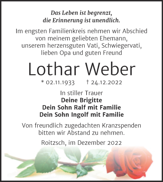 Traueranzeige von Lothar Weber von Trauerkombi Bitterfeld