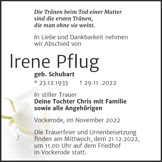 Traueranzeige von lrene Pflug von Trauerkombi Wittenberg