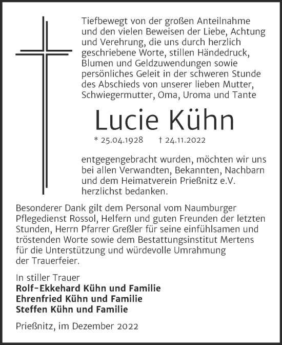 Traueranzeige von Lucie Kühn von Wochenspiegel Naumburg/Nebra