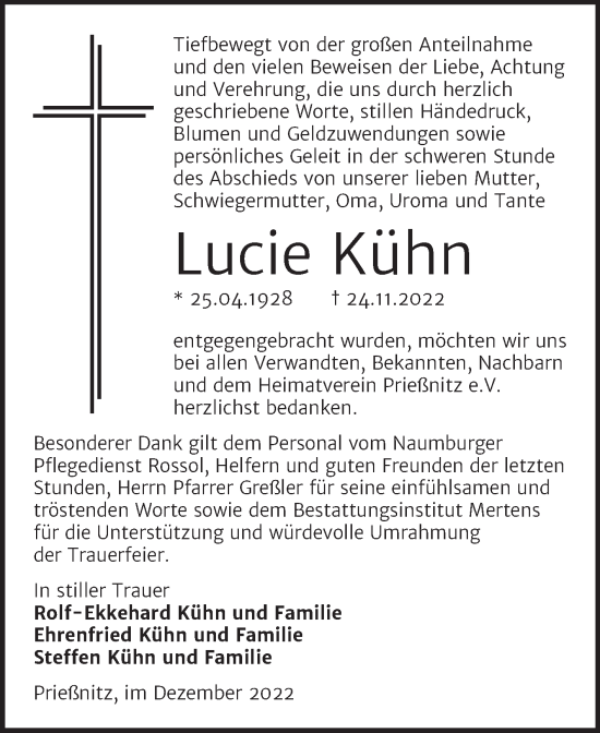 Traueranzeige von Lucie Kühn von Naumburger Tageblatt