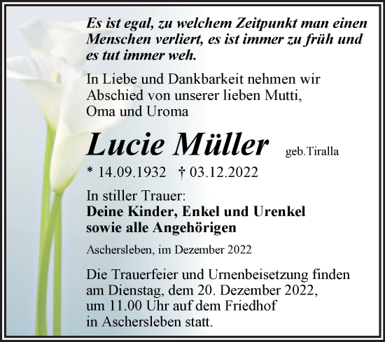 Traueranzeige von Lucie Müller von Trauerkombi Aschersleben