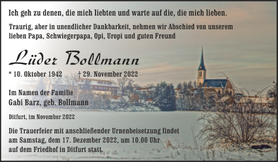 Traueranzeige von Lüder Bollmann von Trauerkombi Quedlinburg