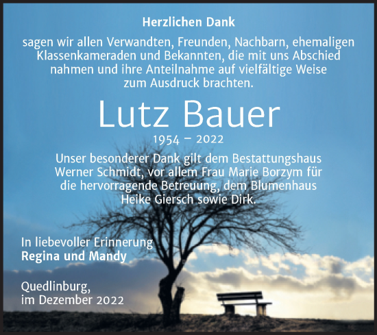 Traueranzeige von Lutz Bauer von Trauerkombi Quedlinburg