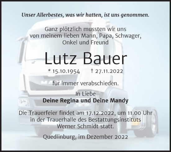 Traueranzeige von Lutz Bauer von Trauerkombi Quedlinburg
