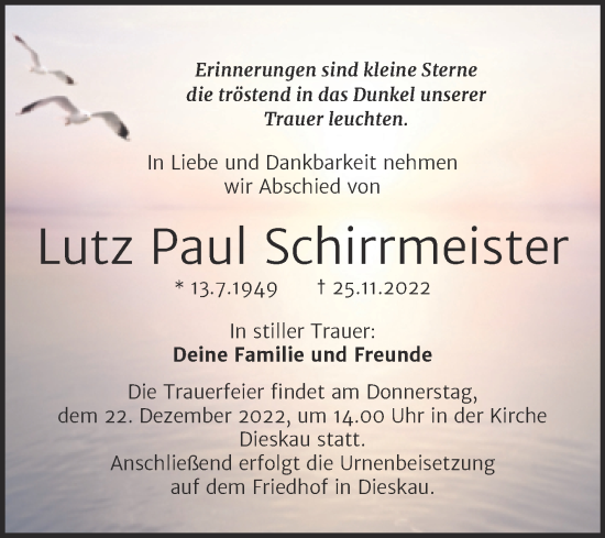 Traueranzeige von Lutz Paul Schirrmeister von Mitteldeutsche Zeitung Halle/Saalkreis