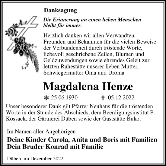 Traueranzeige von Magdalena Henze von Trauerkombi Wittenberg