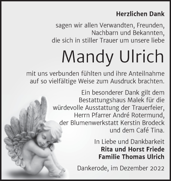 Traueranzeige von Mandy Ulrich von Trauerkombi Quedlinburg