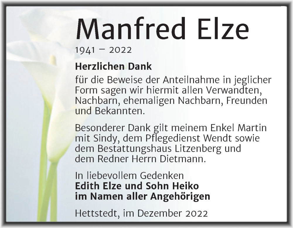  Traueranzeige für Manfred Elze vom 23.12.2022 aus Trauerkombi Mansfelder Land