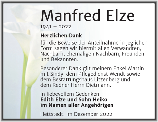 Traueranzeige von Manfred Elze von Trauerkombi Mansfelder Land