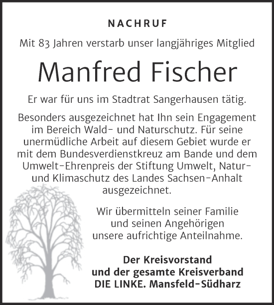 Traueranzeige von Manfred Fischer von Mitteldeutsche Zeitung Sangerhausen