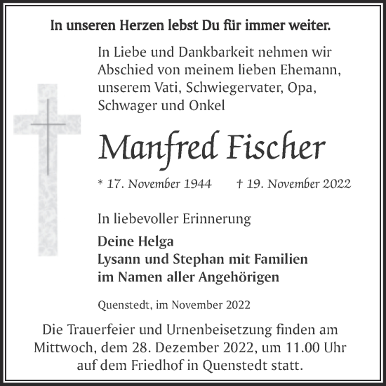Traueranzeige von Manfred Fischer von Trauerkombi Mansfelder Land
