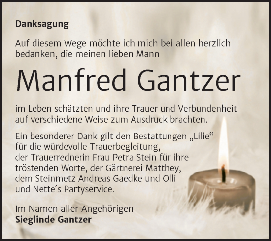 Traueranzeige von Manfred Gantzer von Trauerkombi Bitterfeld
