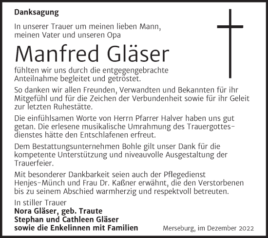 Traueranzeige von Manfred Gläser von Trauerkombi Merseburg