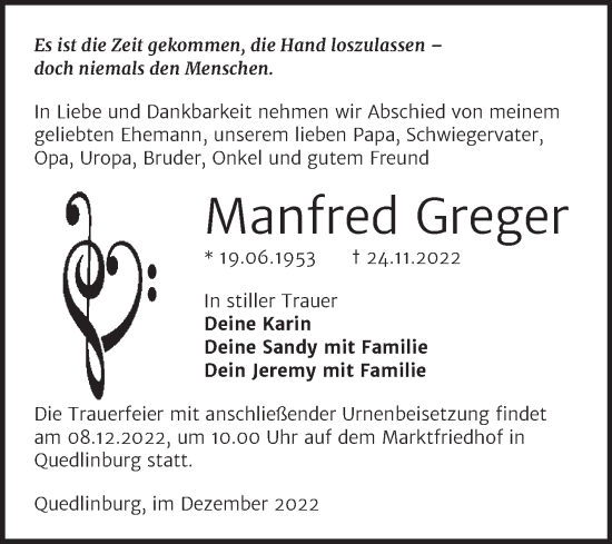 Traueranzeige von Manfred Greger von Trauerkombi Quedlinburg