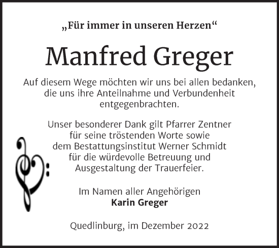 Traueranzeige von Manfred Greger von Trauerkombi Quedlinburg
