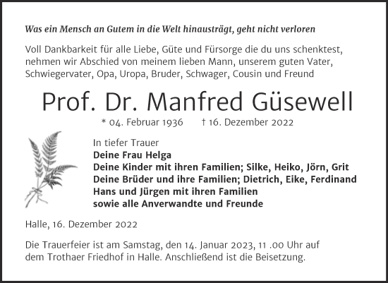 Traueranzeige von Manfred Güsewell von Mitteldeutsche Zeitung Halle/Saalkreis