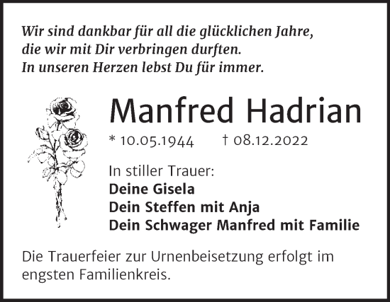 Traueranzeige von Manfred Hadrian von Trauerkombi Mansfelder Land