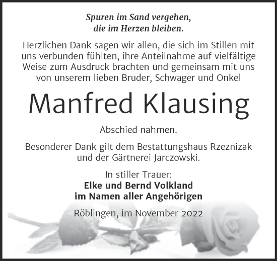 Traueranzeige von Manfred Klausing von Trauerkombi Mansfelder Land