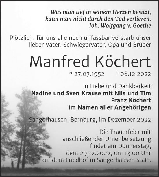 Traueranzeige von Manfred Köchert von Trauerkombi Sangerhausen