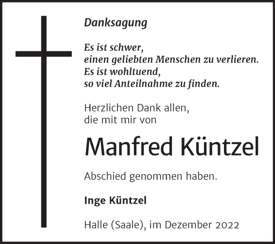Traueranzeige von Manfred Küntzel von Mitteldeutsche Zeitung Halle/Saalkreis