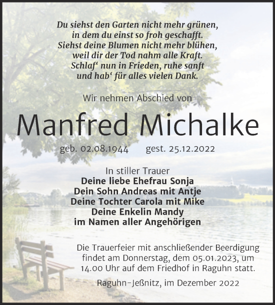 Traueranzeige von Manfred Michalke von Trauerkombi Bitterfeld