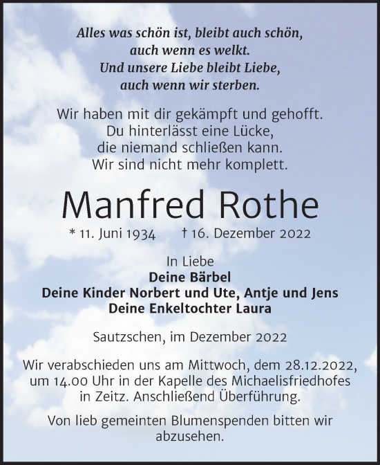 Traueranzeige von Manfred Rothe von Trauerkombi Zeitz