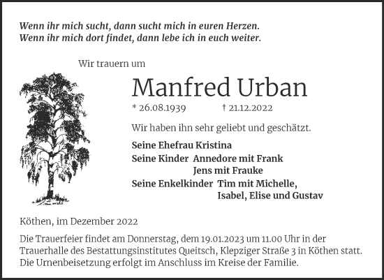Traueranzeige von Manfred Urban von Trauerkombi Köthen