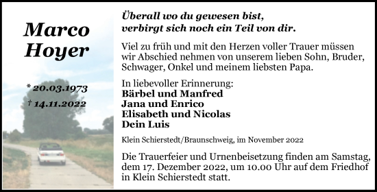 Traueranzeige von Marco Hoyer von Trauerkombi Aschersleben