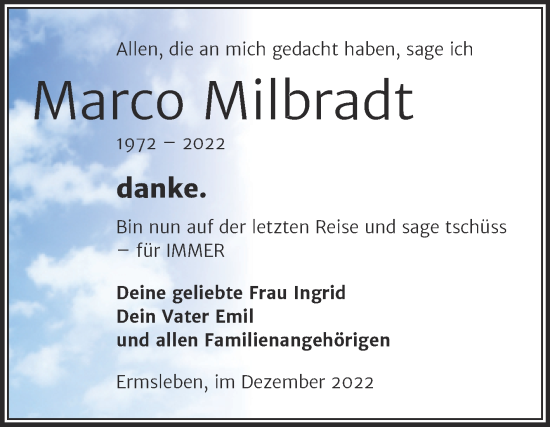 Traueranzeige von Marco Milbradt von Trauerkombi Quedlinburg