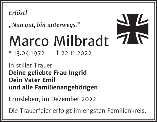 Traueranzeige von Marco Milbradt von Trauerkombi Quedlinburg