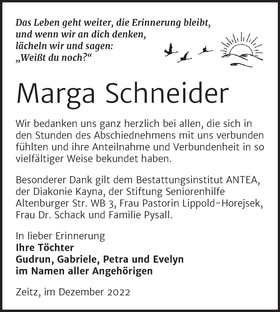  Traueranzeige für Marga Schneider vom 10.12.2022 aus Trauerkombi Zeitz