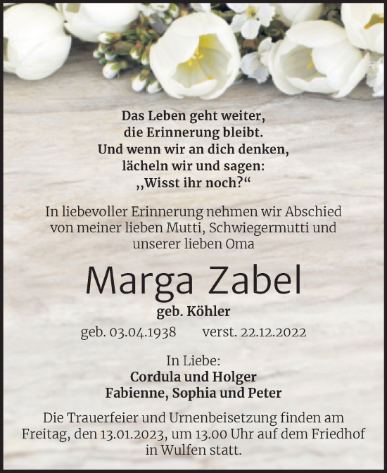 Traueranzeige von Marga Zabel von Trauerkombi Köthen
