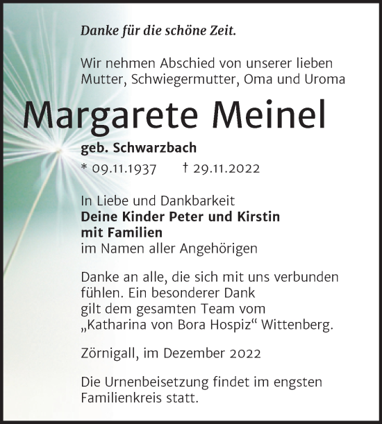 Traueranzeige von Margarete Meinel von Trauerkombi Wittenberg
