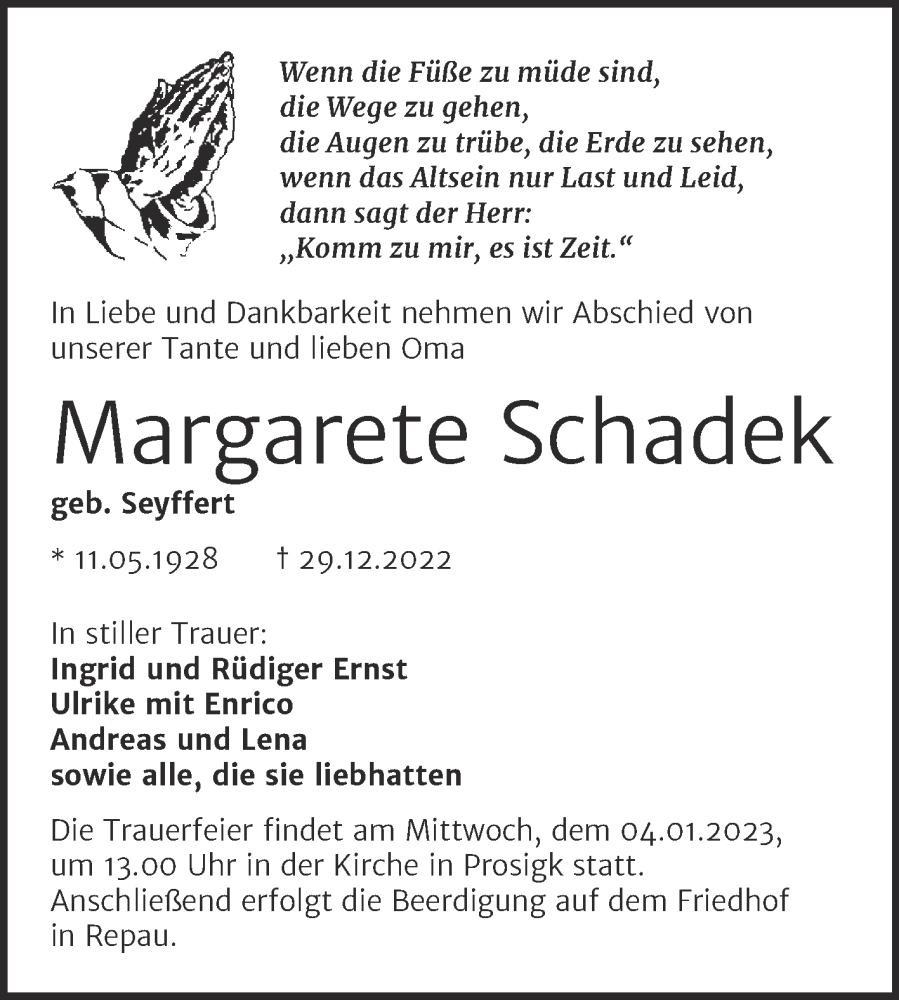  Traueranzeige für Margarete Schadek vom 31.12.2022 aus Mitteldeutsche Zeitung Köthen