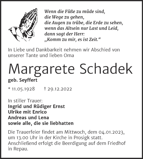 Traueranzeige von Margarete Schadek von Mitteldeutsche Zeitung Köthen