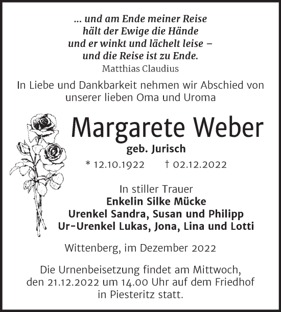 Traueranzeige von Margarete Weber von Trauerkombi Wittenberg