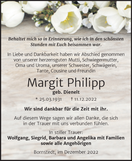 Traueranzeige von Margit Philipp von Trauerkombi Mansfelder Land